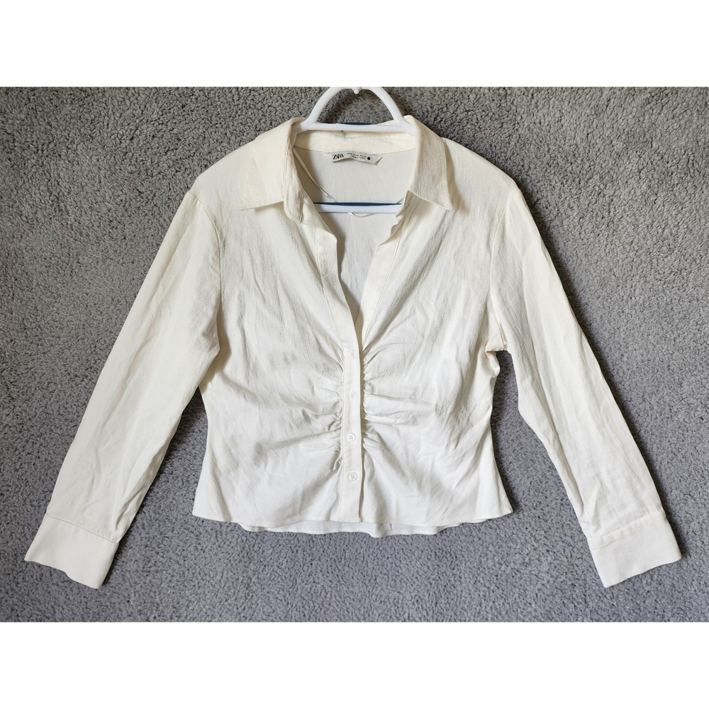 Zara Blouse Women XL Cream Ruched Front Long‎ Sleeve V-Neck Button Up Top